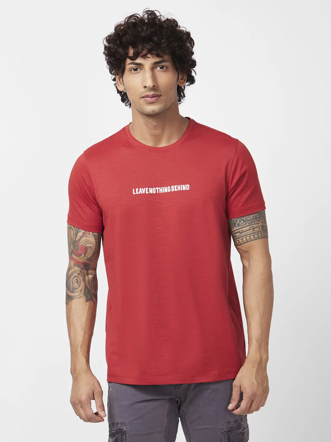 Spykar Men Burnt Orange Blended Slim Fit Half Sleeve Round Neck Printed Tshirt