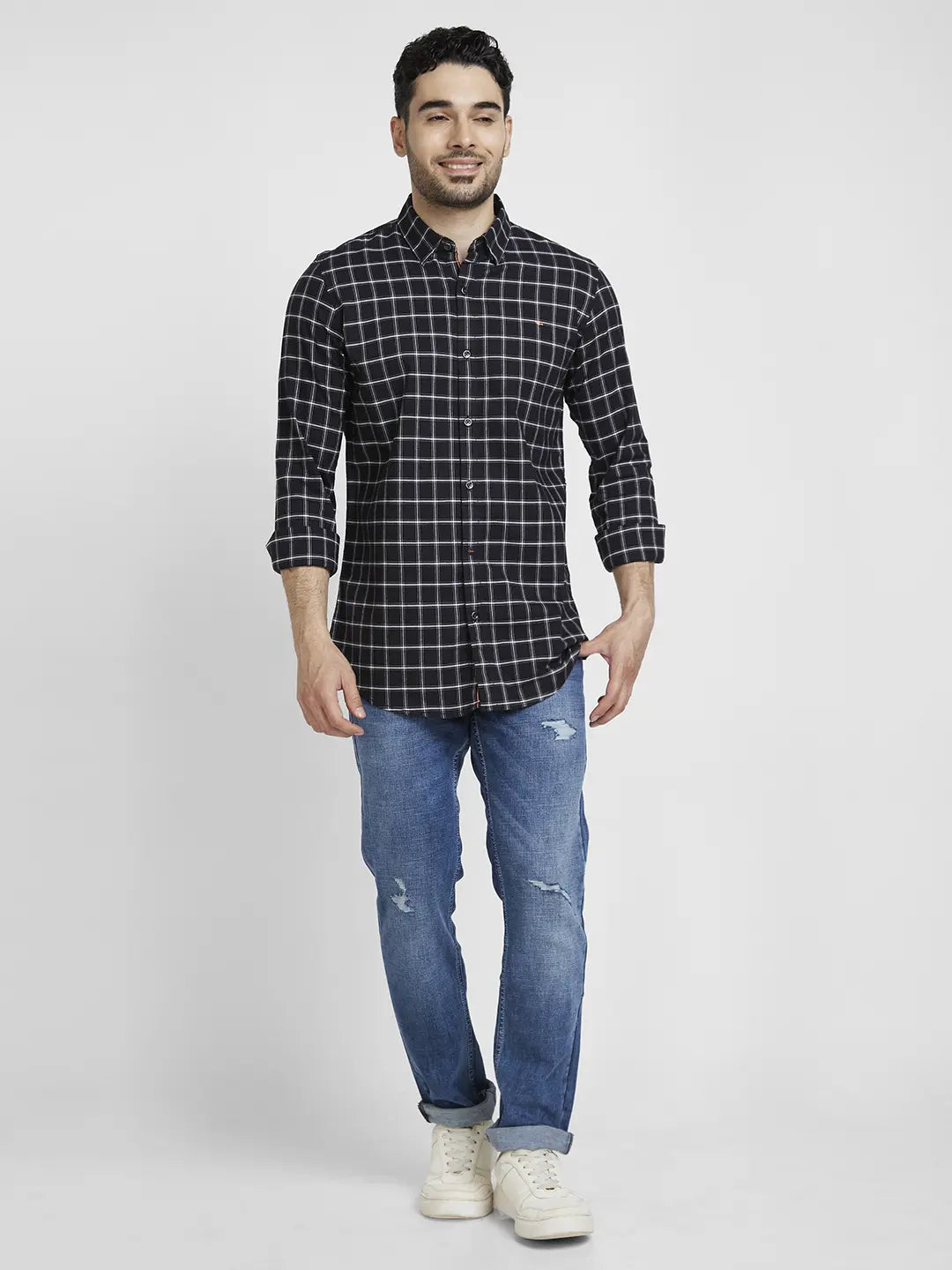 Spykar Men Jet Black Cotton Regular Slim Fit Full Sleeve Checkered Shirt