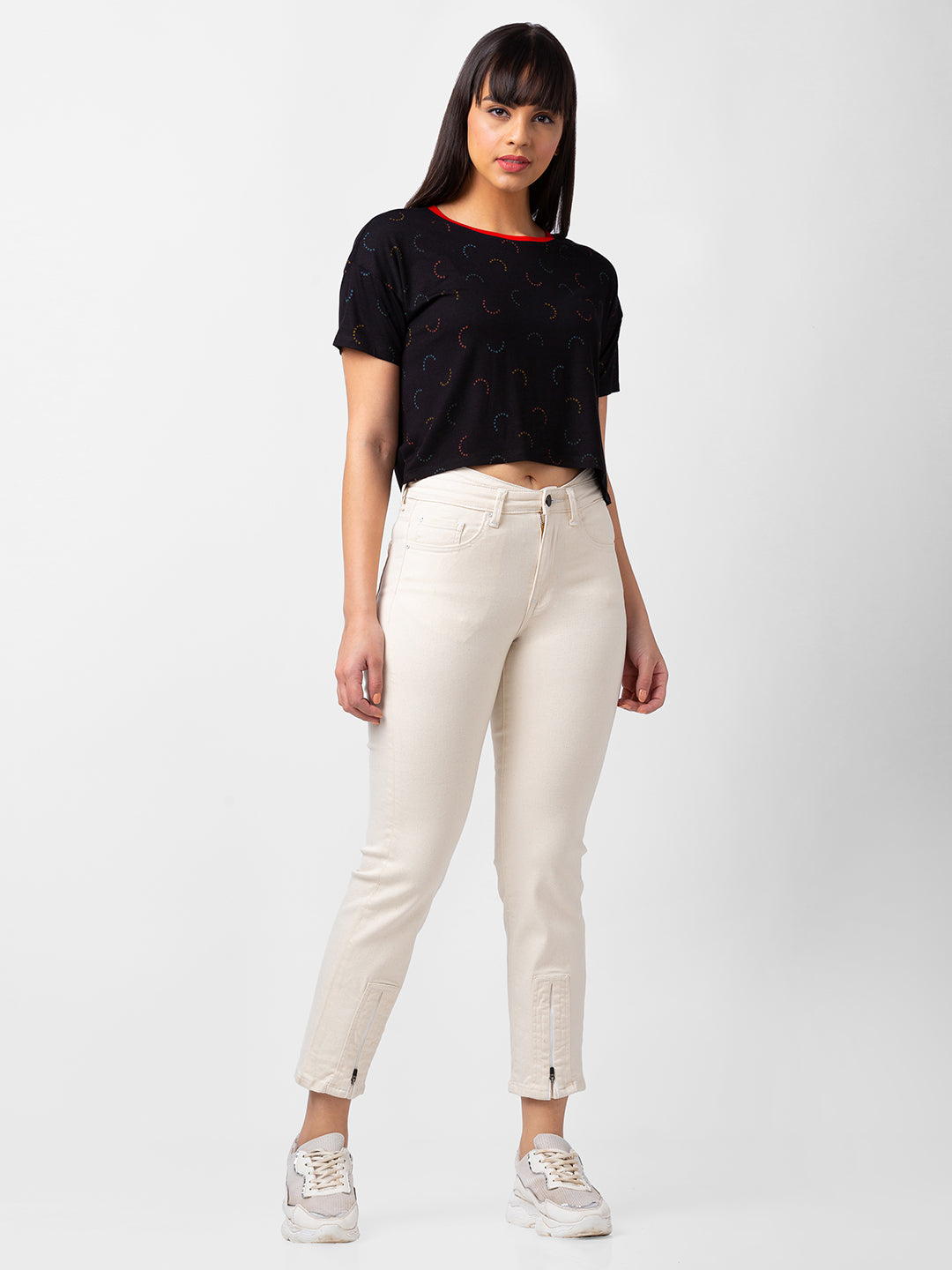 Spykar Women Black Blended Slim Fit Half Sleeve Printed Crop Top