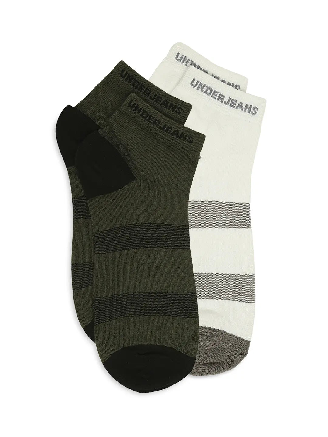 Men White & Olive Ankle Length Socks - Pack Of 2- Underjeans By Spykar