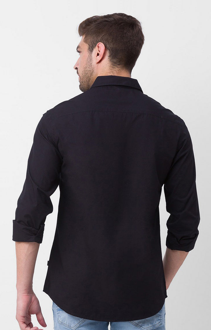 Spykar Black Cotton Full Sleeve Plain Shirt For Men