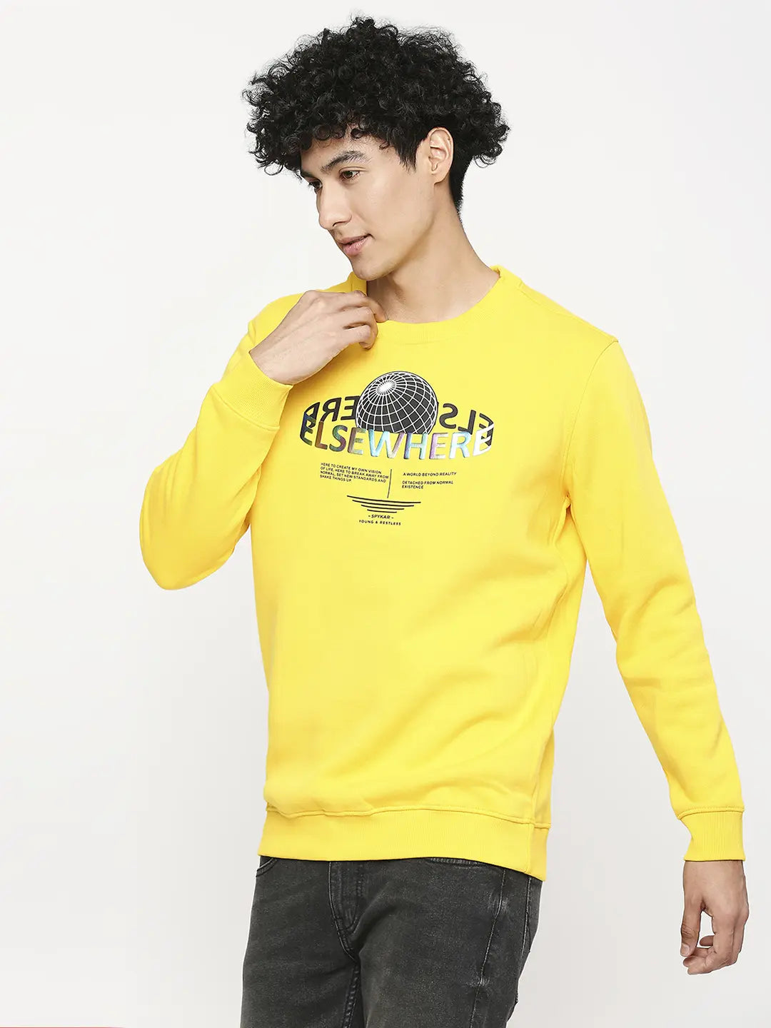 Spykar Chrome Yellow Cotton Full Sleeve Round Neck Sweatshirt For Men