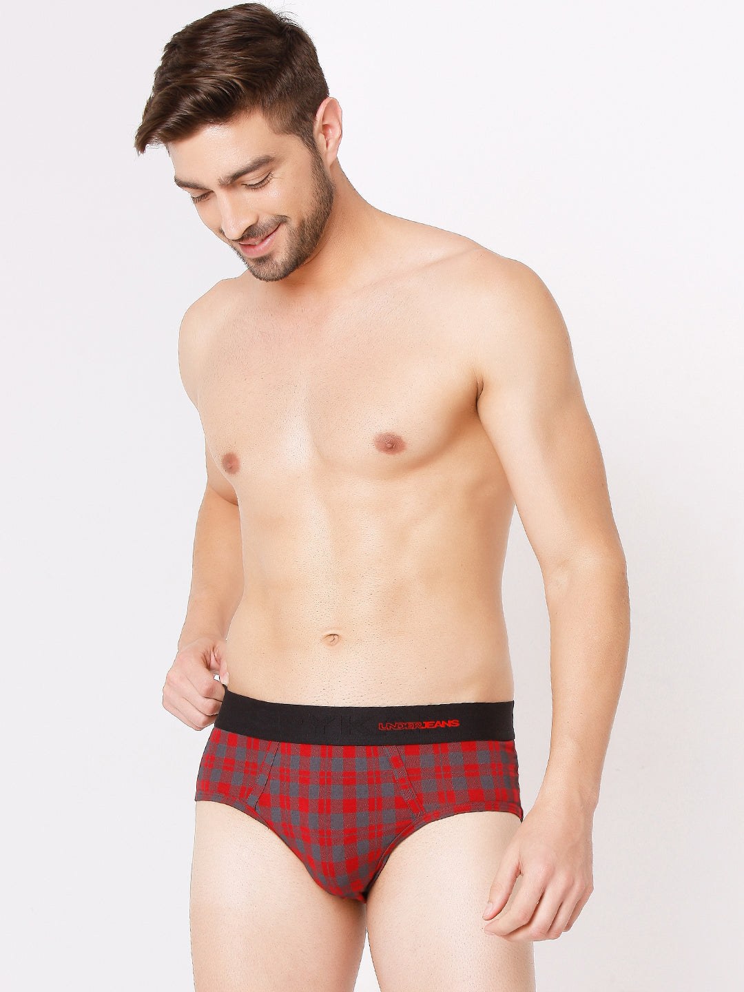 Men Black Check & Maroon Check Cotton Blend Brief (Pack Of 2)- Underjeans By Spykar