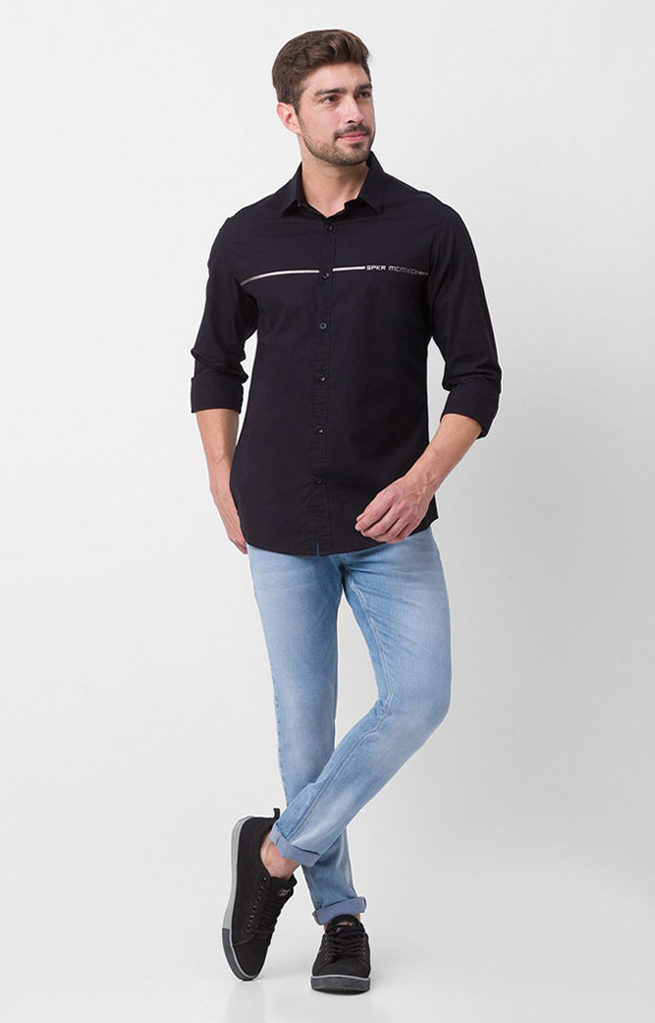 Spykar Black Cotton Full Sleeve Plain Shirt For Men