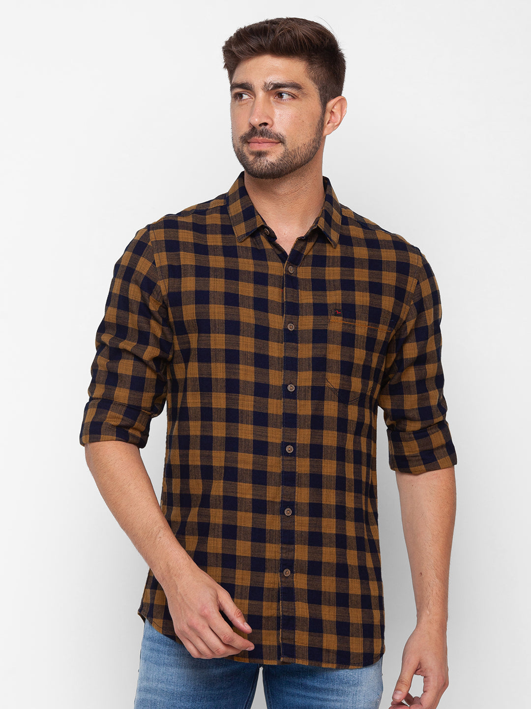 Spykar Camel Khaki Cotton Full Sleeve Checks Shirt For Men