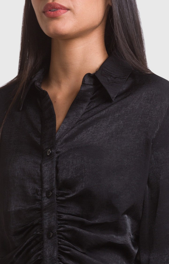 Spykar Black Poly Satin Full Sleeve Plain Shirts For Women