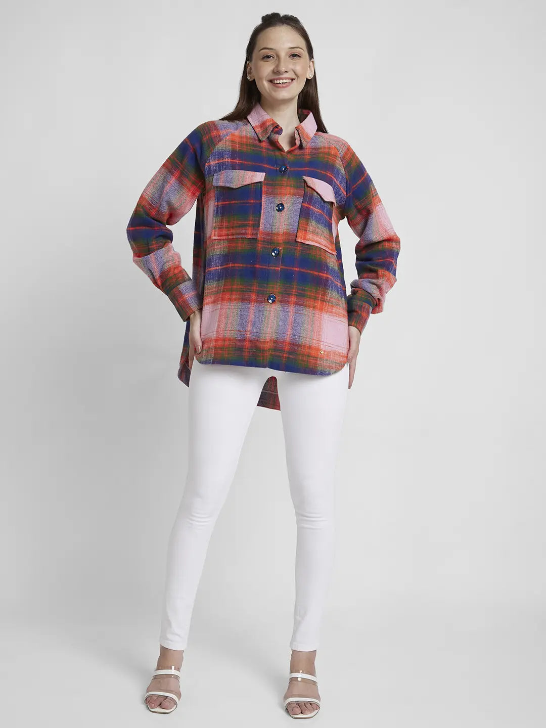 Spykar Women Orange Cotton Oversize Fit Full Sleeve Checkered Shirt