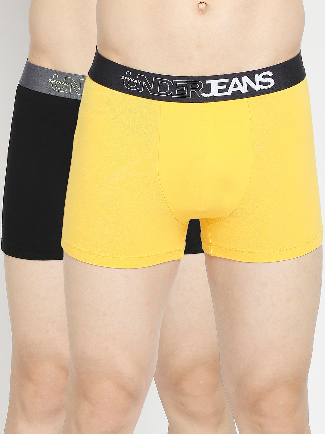 Men Yellow & Black Cotton Blend Trunk - Pack Of 2- Underjeans By Spykar