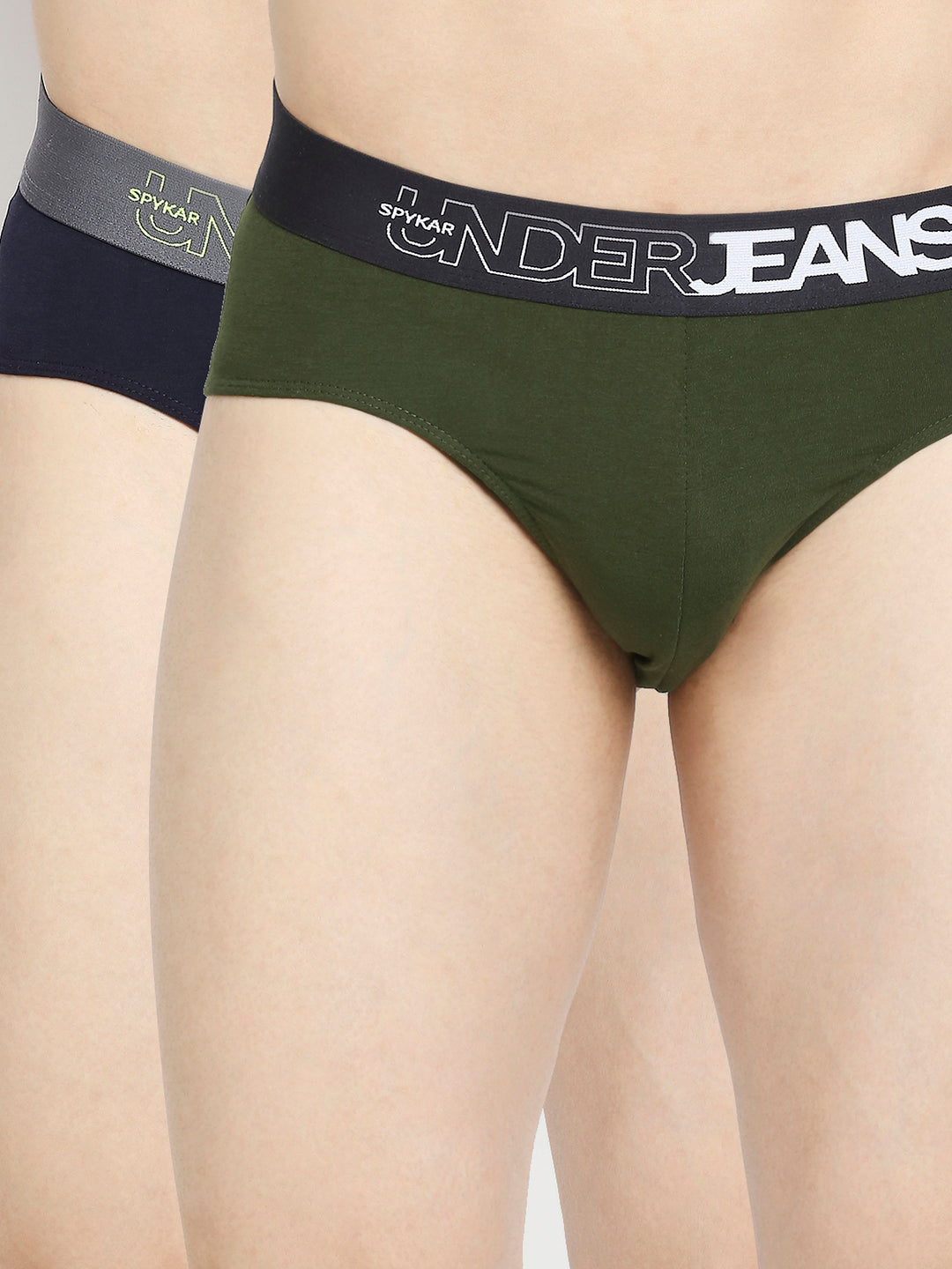 Men Navy Blue & Olive Cotton Blend Brief - Pack Of 2- Underjeans By Spykar