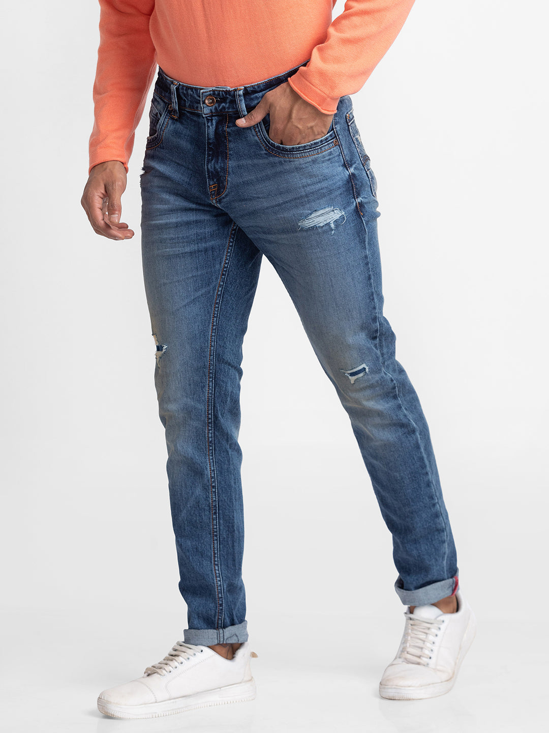 Spykar Dark Blue Cotton Slim Fit Narrow Length Jeans For Men (Skinny)