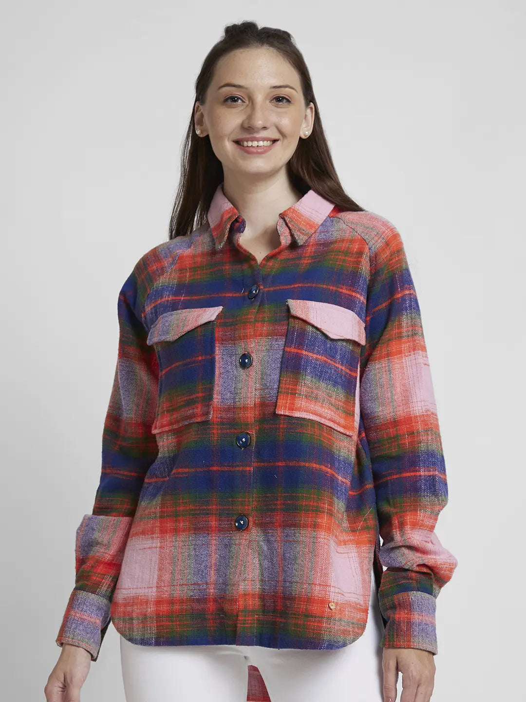 Spykar Women Orange Cotton Oversize Fit Full Sleeve Checkered Shirt