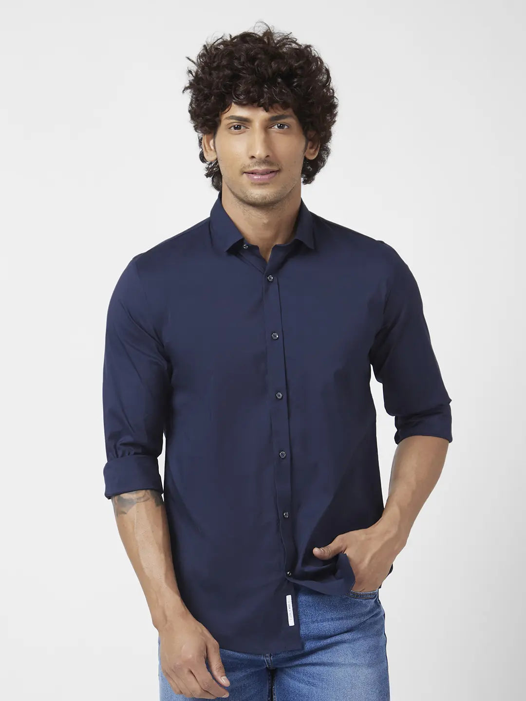 Spykar Men Navy Blue Dyed Regular Slim Fit Full Sleeve Plain Shirt