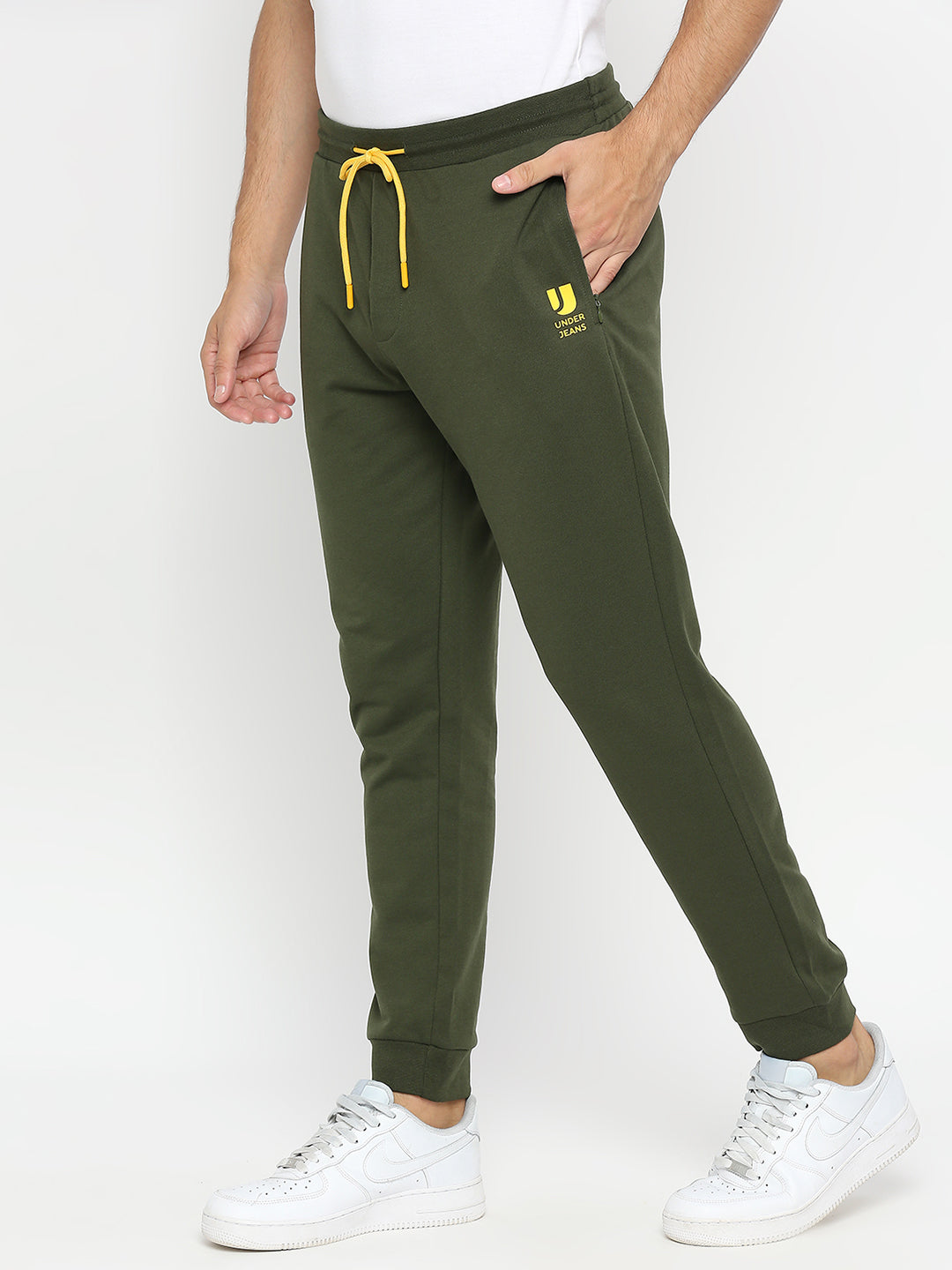 Men Cotton Blend Olive Trackpant - Underjeans By Spykar