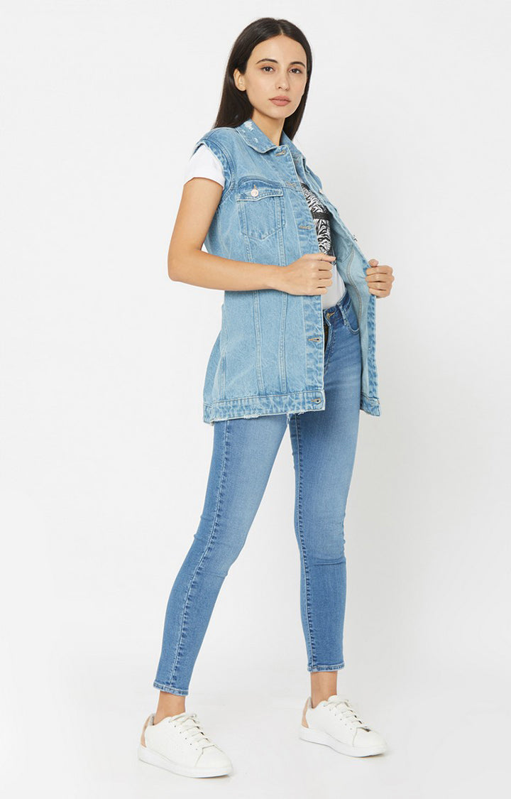 Spykar Women Light Blue Cotton Slim Fit Denim Jacket