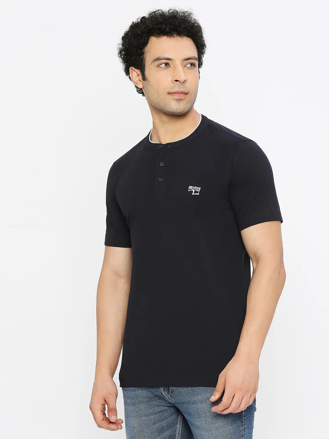 Spykar Men Navy Blue Blended Regular Fit Half Sleeve Plain M and arin Collar Tshirt