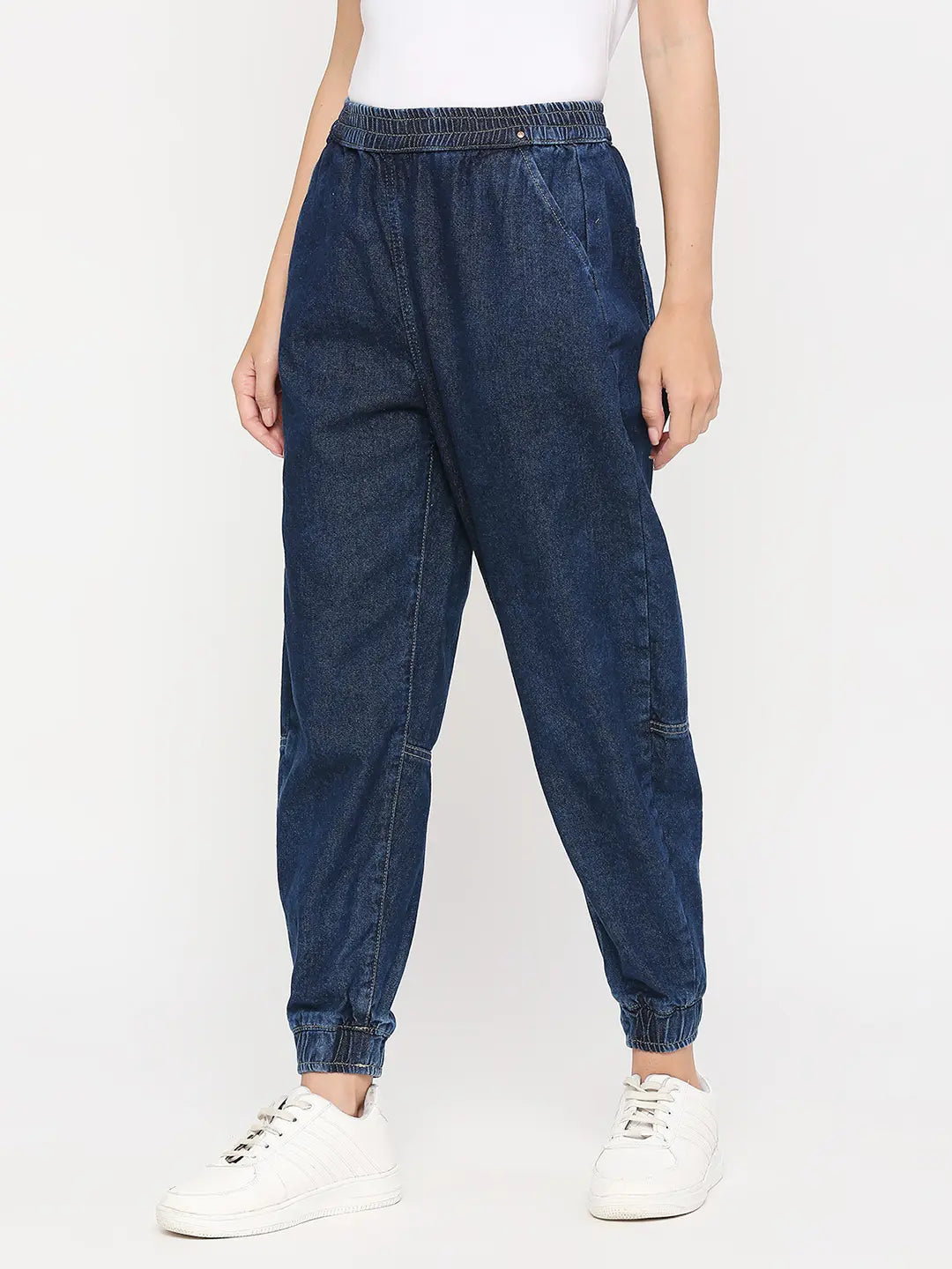 Spykar Women Dark Blue Baggy Fit Crop Length Clean Look Mid Rise Joggers Jeans (Clara)