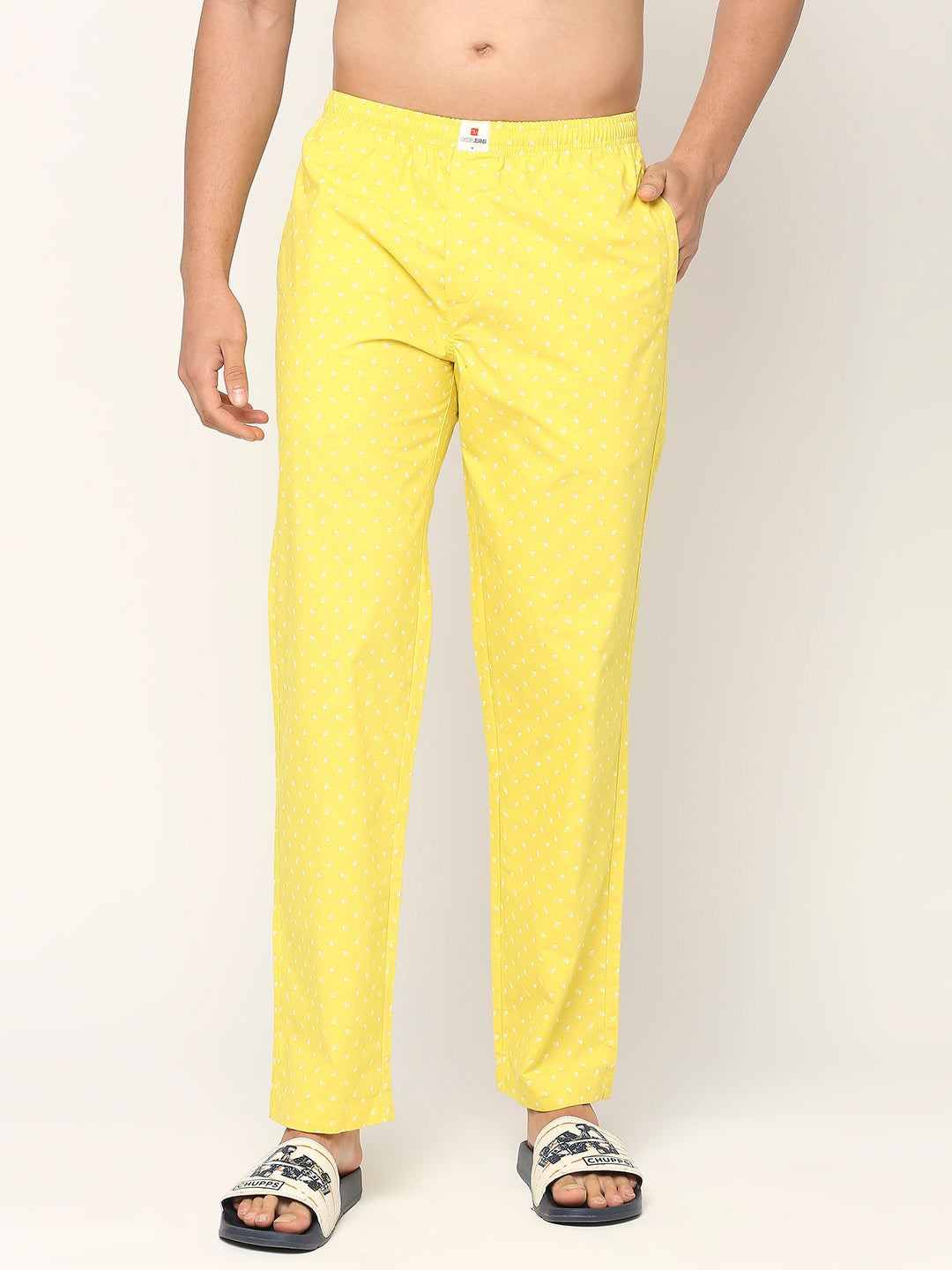 Men Cotton Printed Yellow Pyjama- Underjeans By Spykar