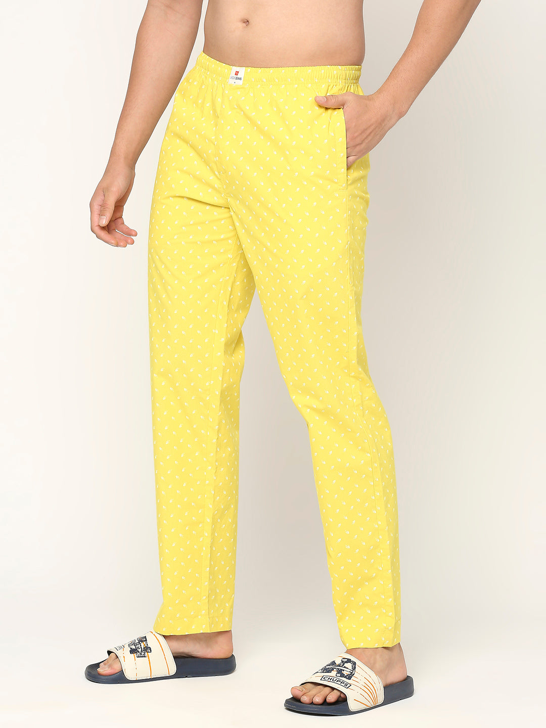 Men Cotton Printed Yellow Pyjama- Underjeans By Spykar