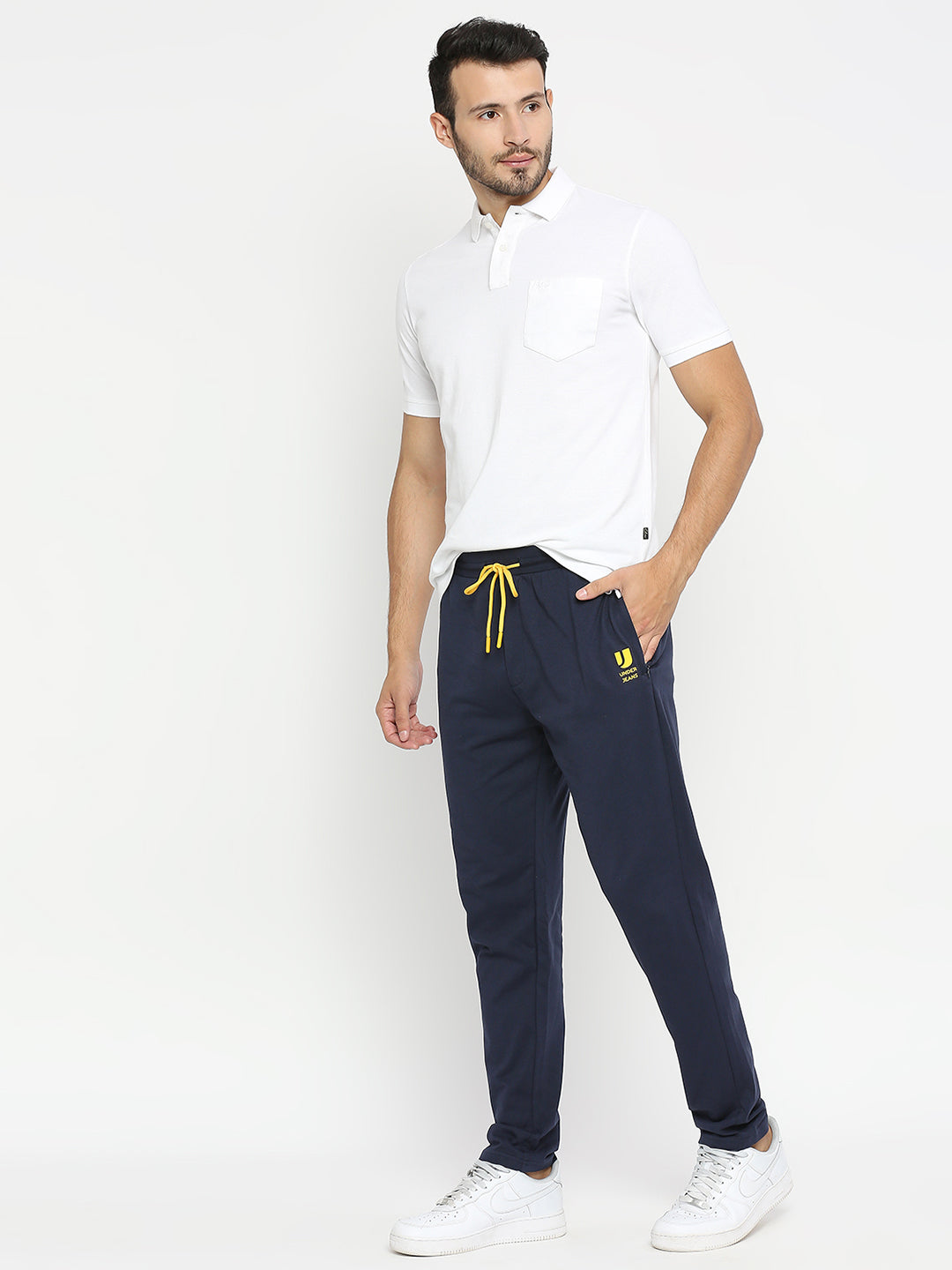 Men Premium Knitted Navy Cotton Trackpant - UnderJeans by Spykar