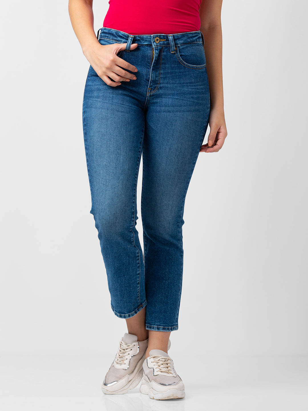 Spykar Women Light Blue Lycra Slim Straight Fit Ankle Length Jeans (Emma)
