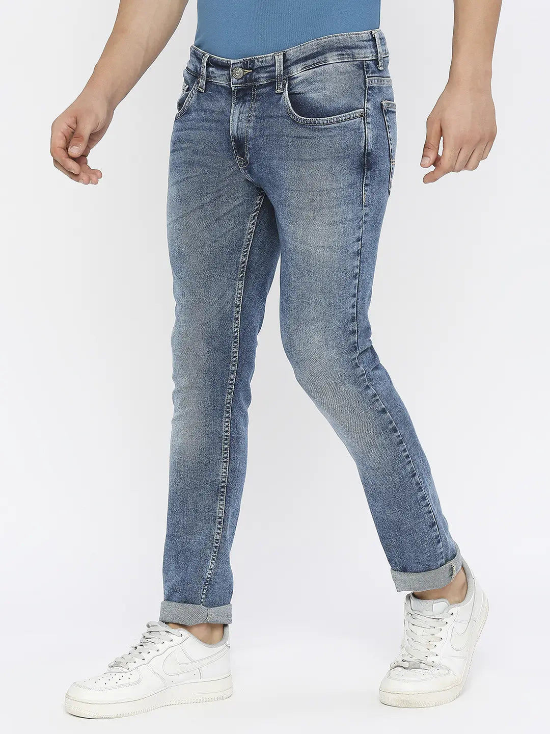 Spykar Men Mid Blue Cotton Stretch Slim Fit Narrow Length Clean Look Low Rise Jeans-(Skinny)