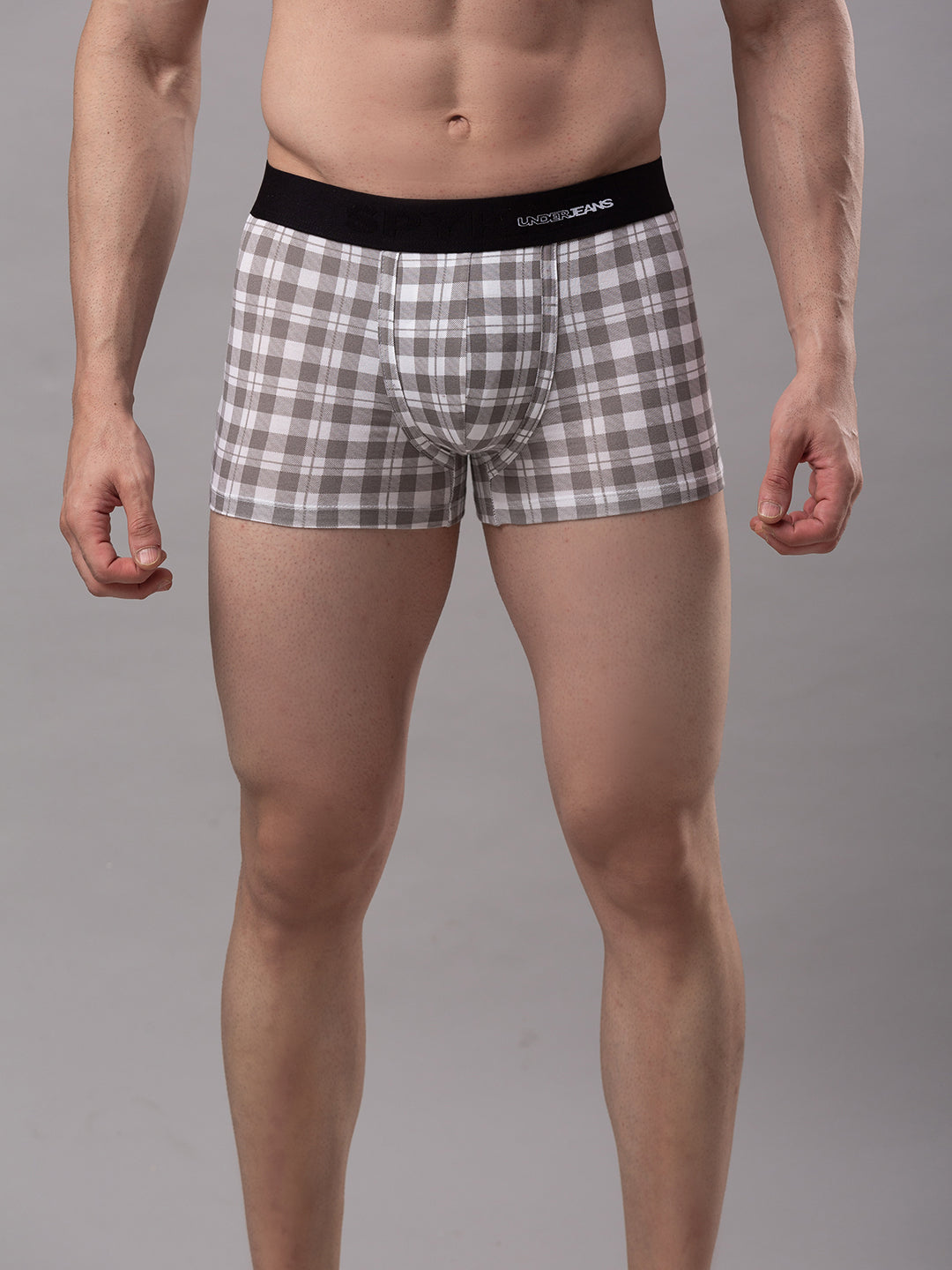Men White-Check Cotton Blend Trunk- Underjeans By Spykar