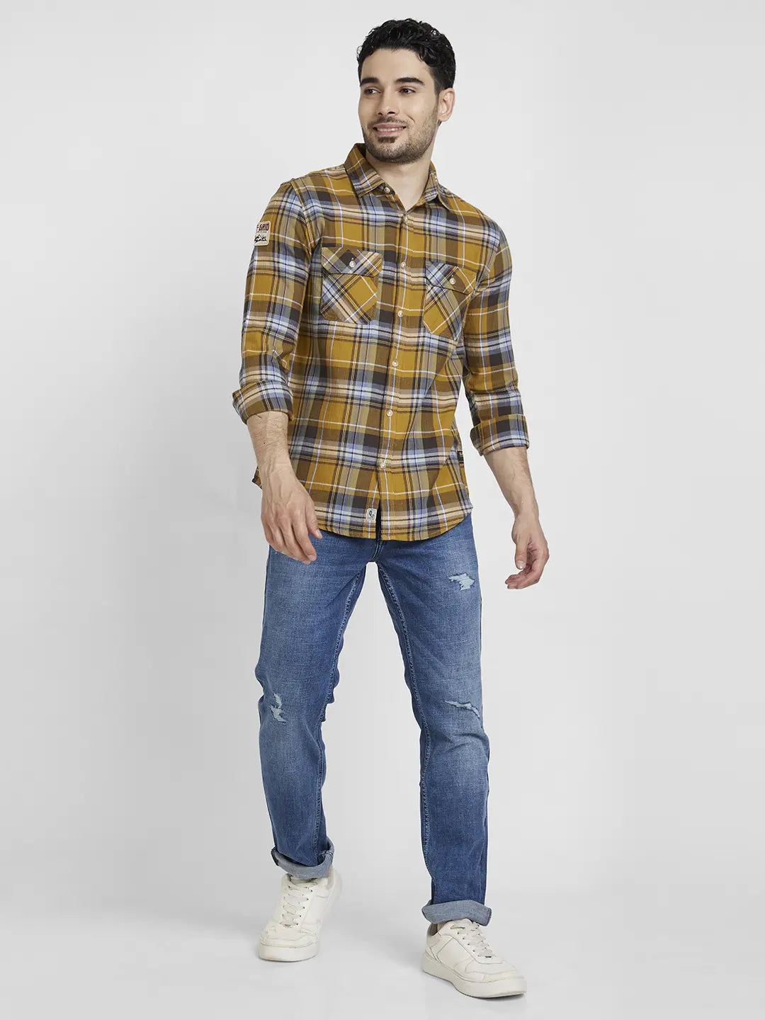 Spykar Men S and Khaki Cotton Regular Slim Fit Full Sleeve Checkered Shirt