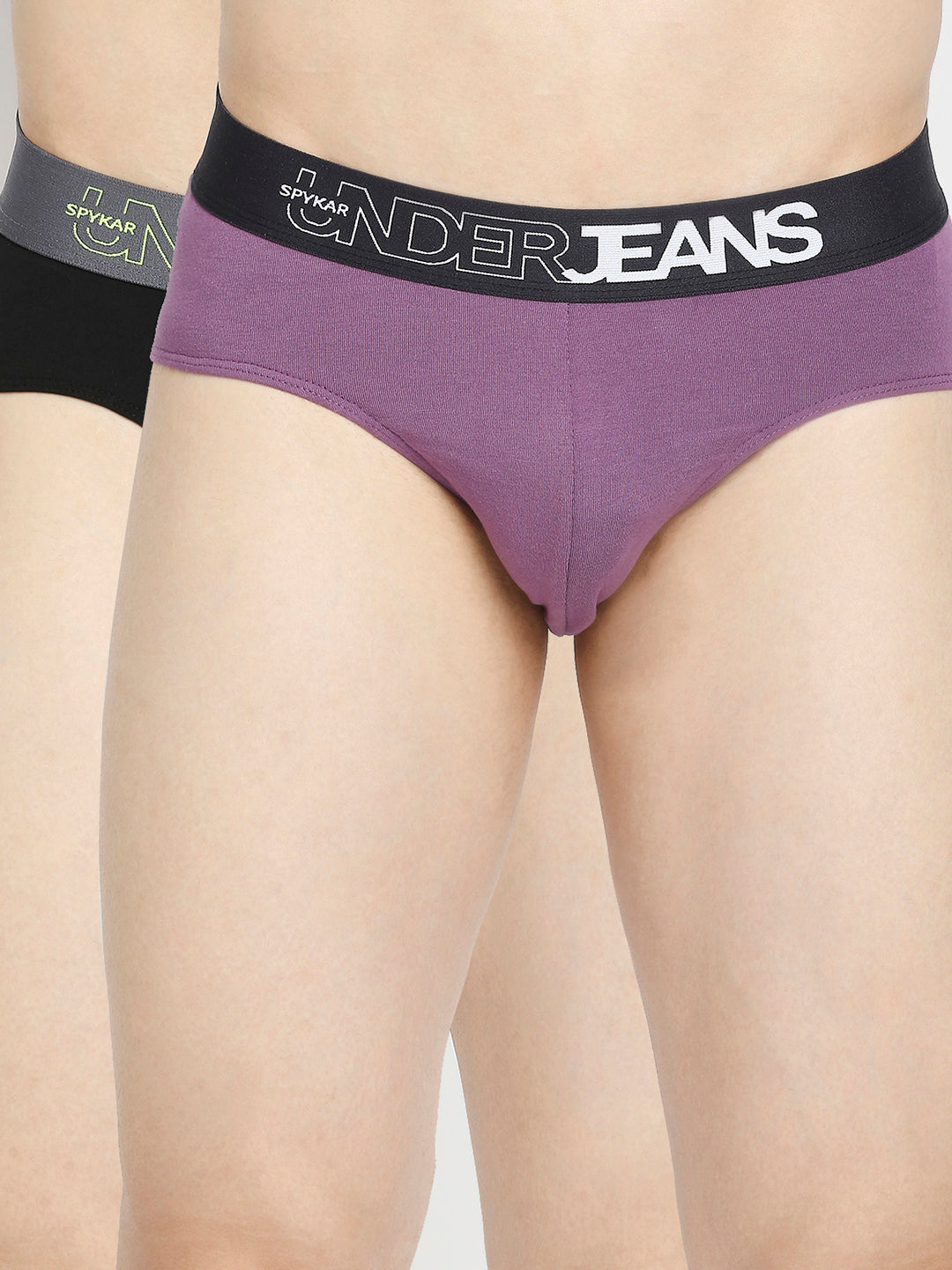 Men Dull Purple & Black Cotton Blend Brief - Pack Of 2- Underjeans By Spykar
