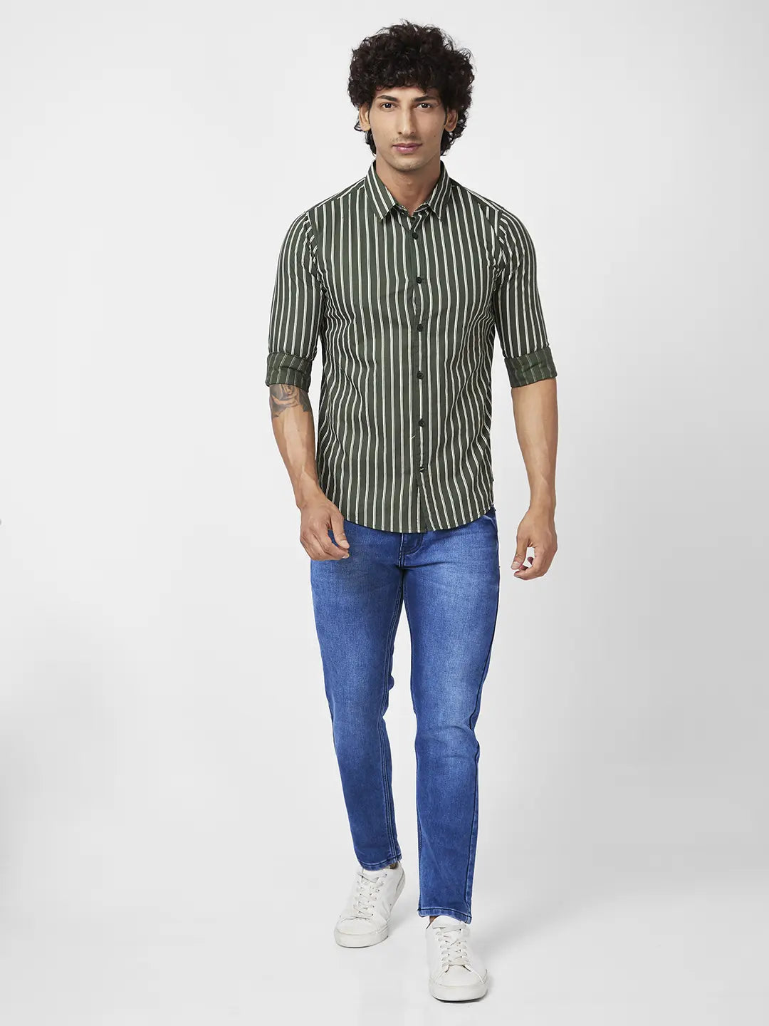 Spykar Men Dark Green Cotton Regular Slim Fit Full Sleeve Casual Striped Shirt