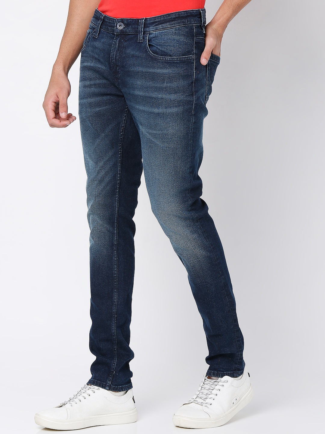 Spykar Dark Blue Cotton Slim Fit Narrow Length Jeans For Men (Skinny)