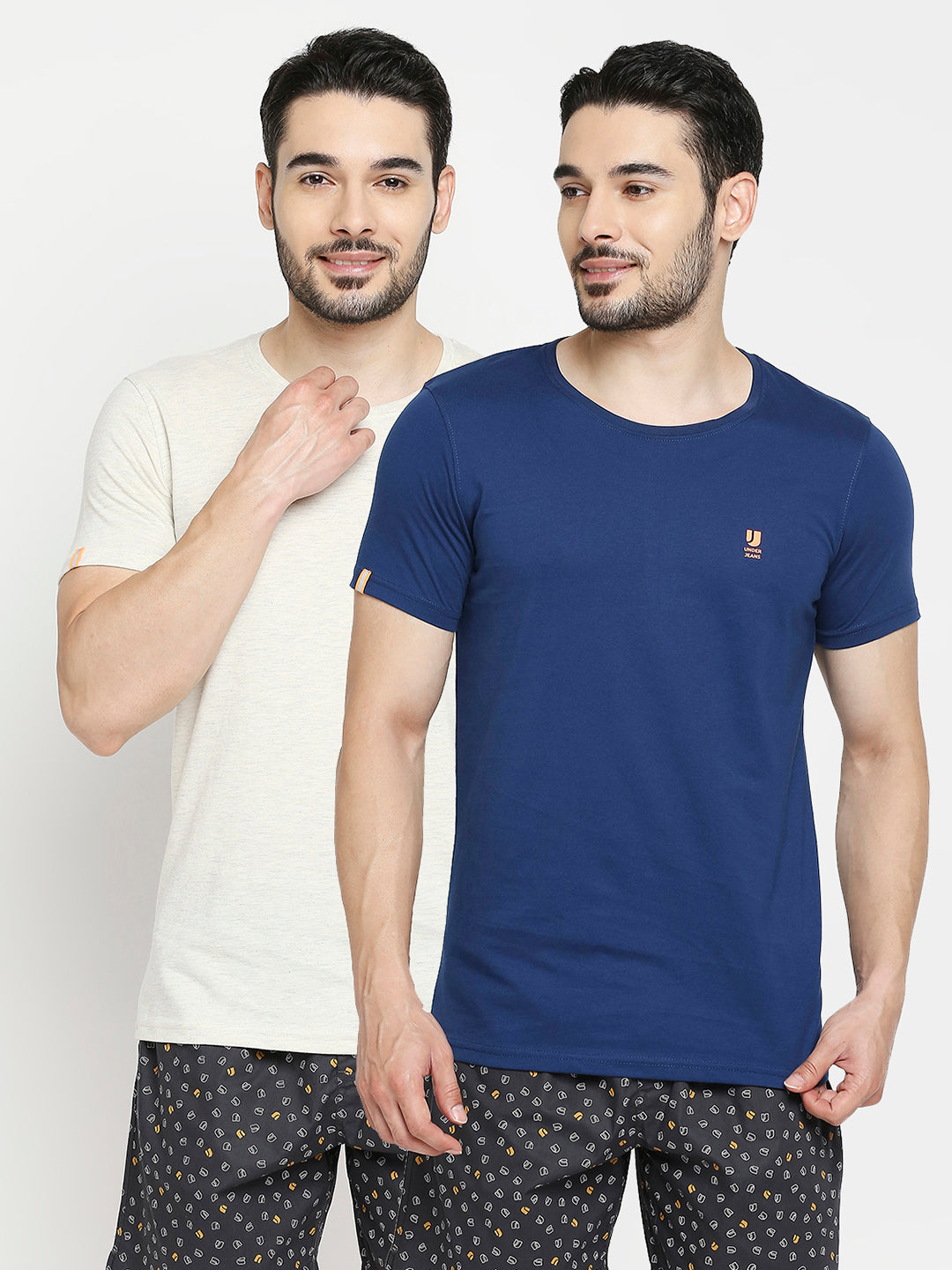 Men Premium Navy Blue & Ecru Melange Cotton Regular Fit Round Neck T-shirts - Pack of 2 - UnderJeans by Spykar