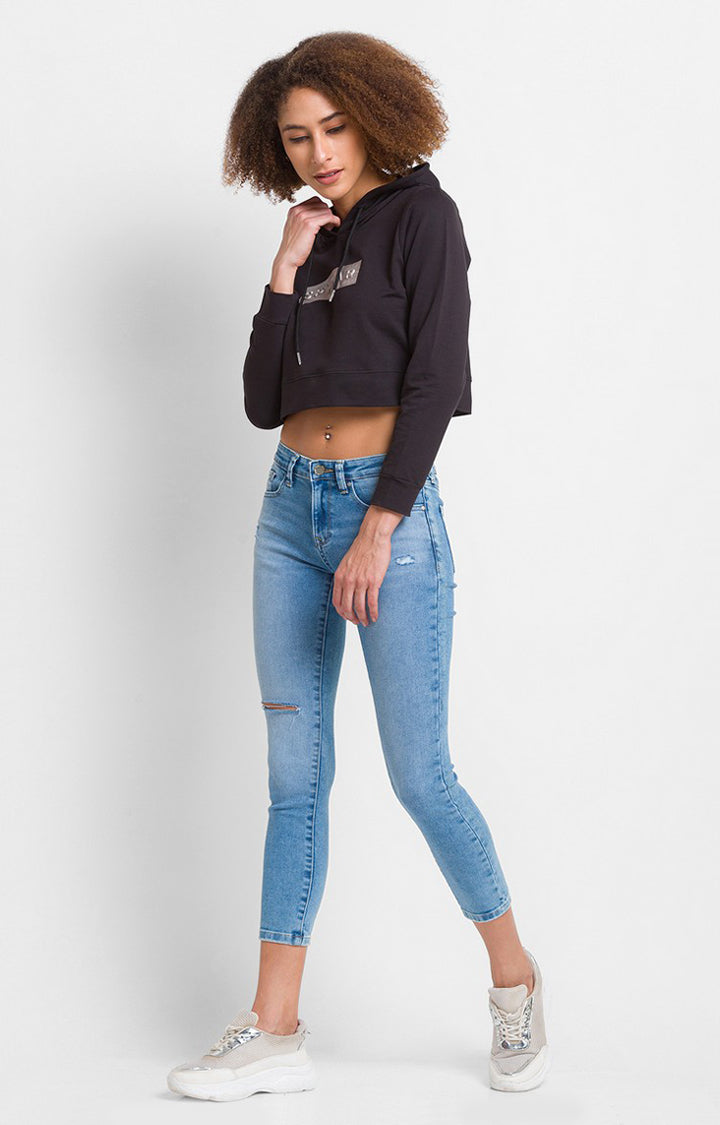 Spykar Black Cotton Blend Full Sleeve Hooded Sweatshirts For Women