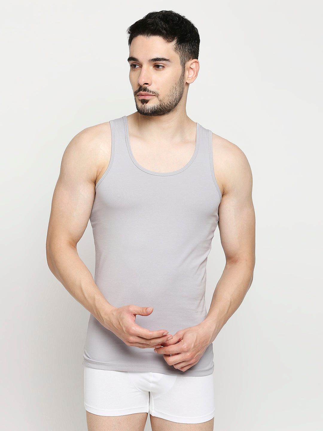 Men Cotton Blend Light Grey Vest- Underjeans By Spykar