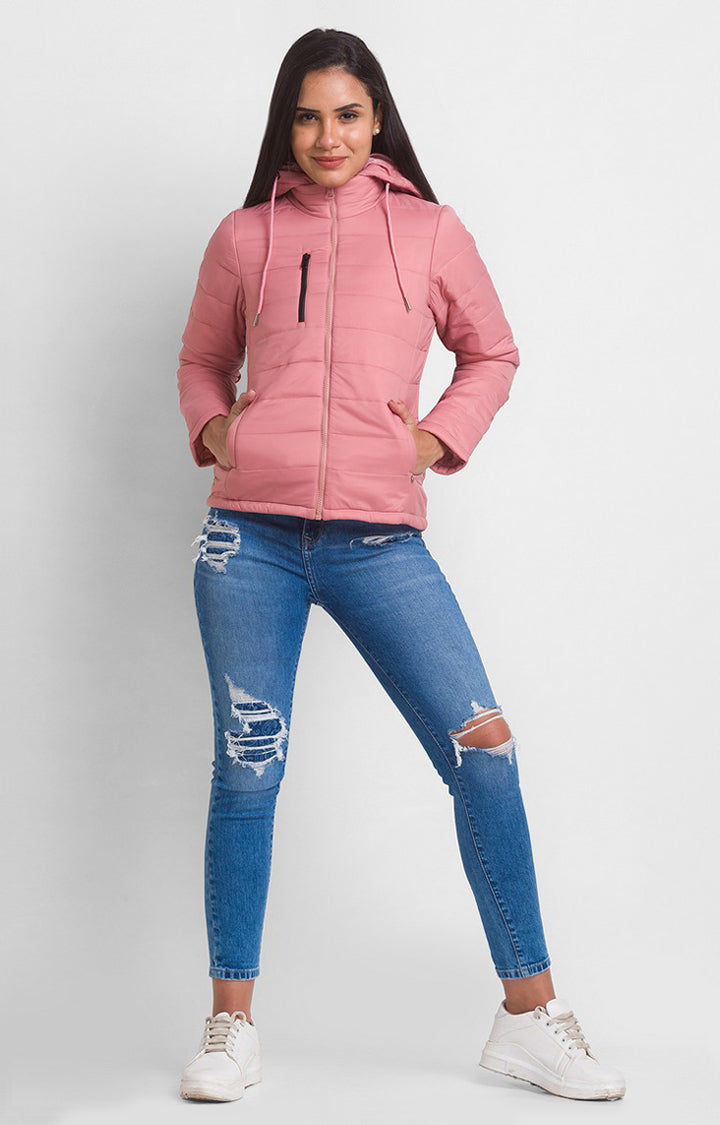 Spykar Baby Pink Nylon Full Sleeve Hooded Jacket For Women