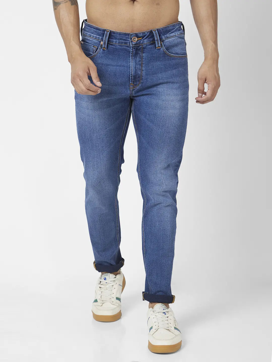 Spykar Men Mid Blue Cotton Stretch Super Slim Fit Tapered Length Clean Look Low Rise Jeans (Super Skinny)