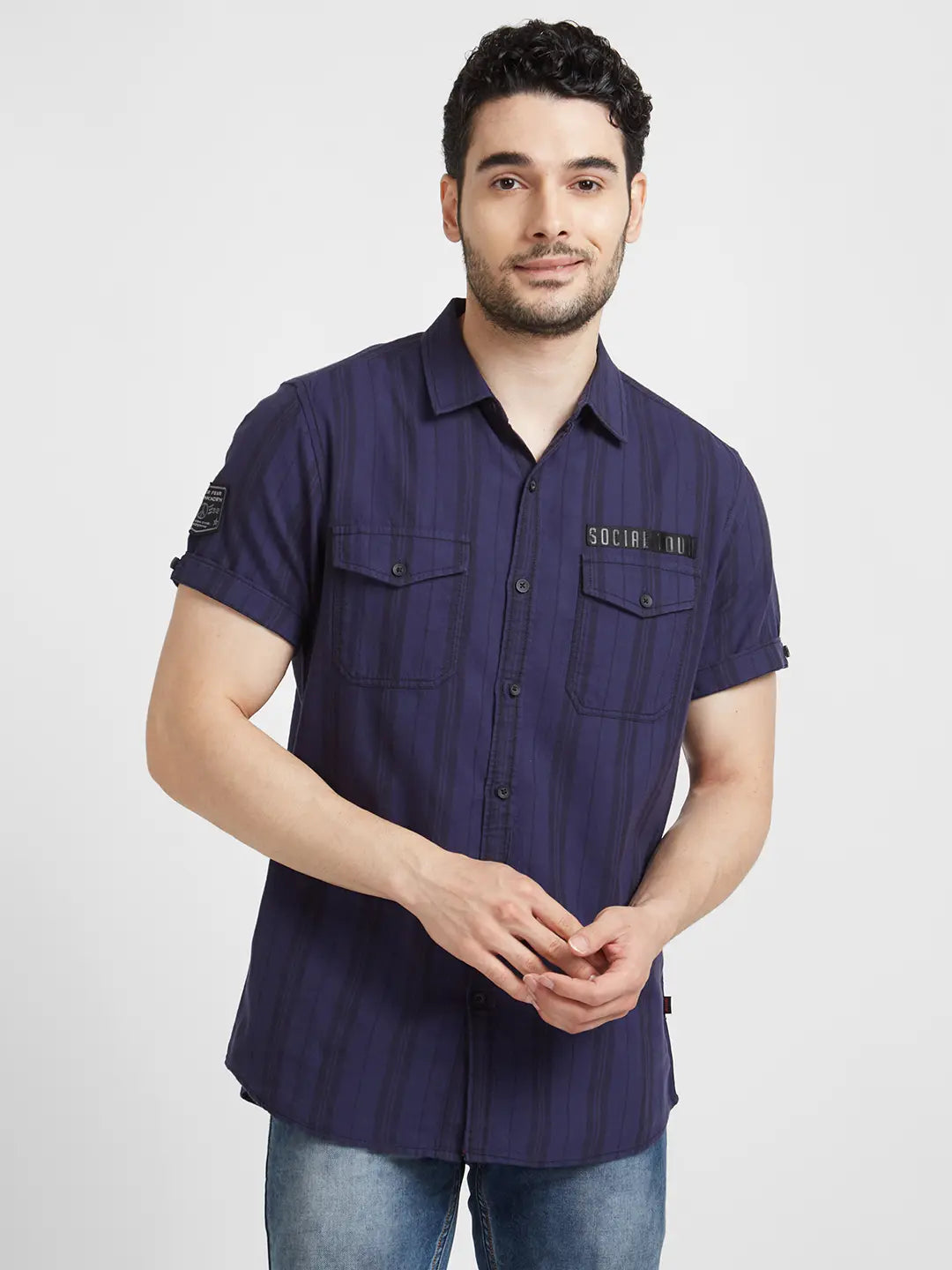 Spykar Men Indigo Blue Cotton Slim Fit Half Sleeve Denim Shirt