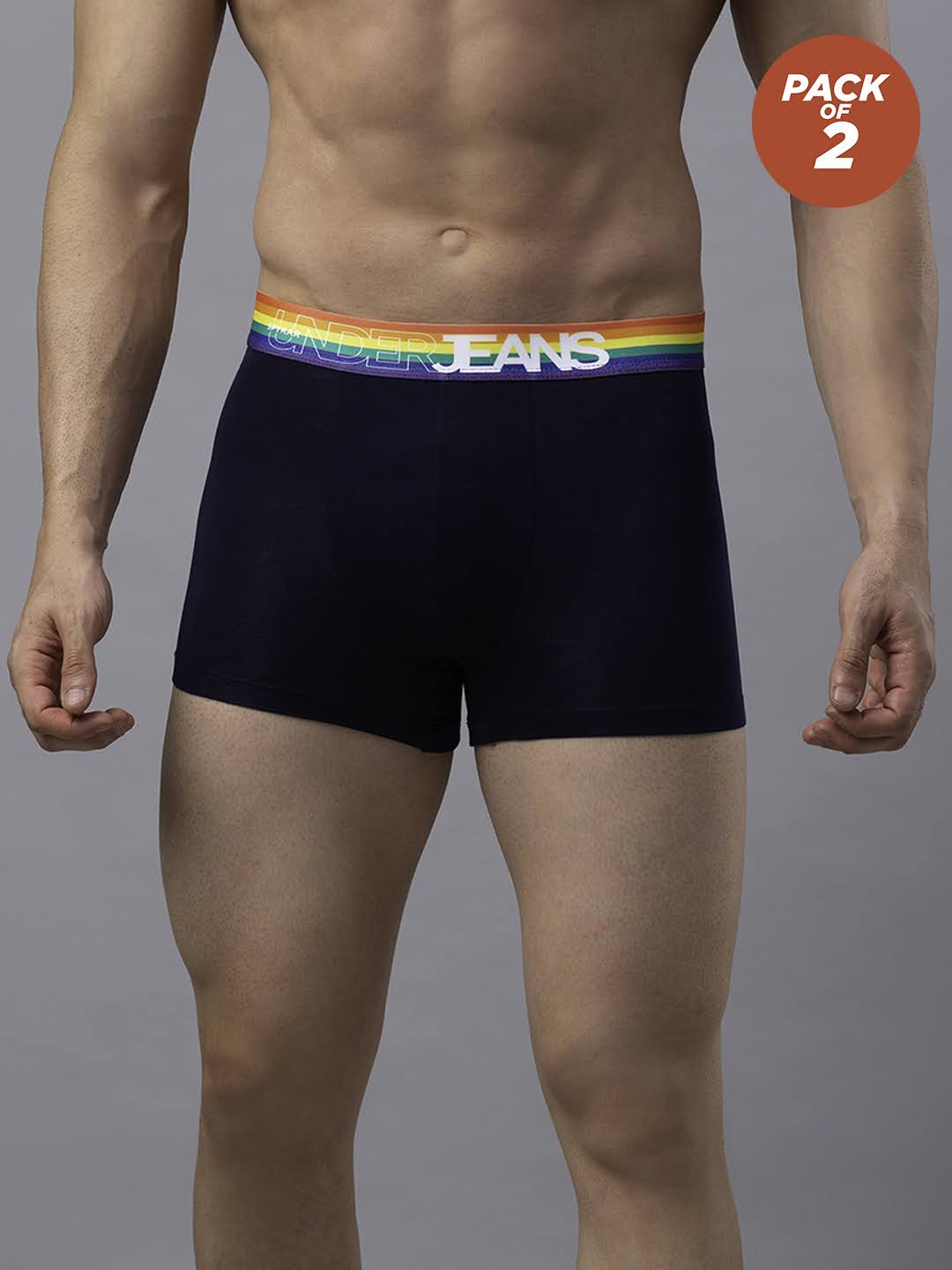 Men Cotton Blend Navy-Multi Trunk - (Pack Of 2)- Underjeans By Spykar