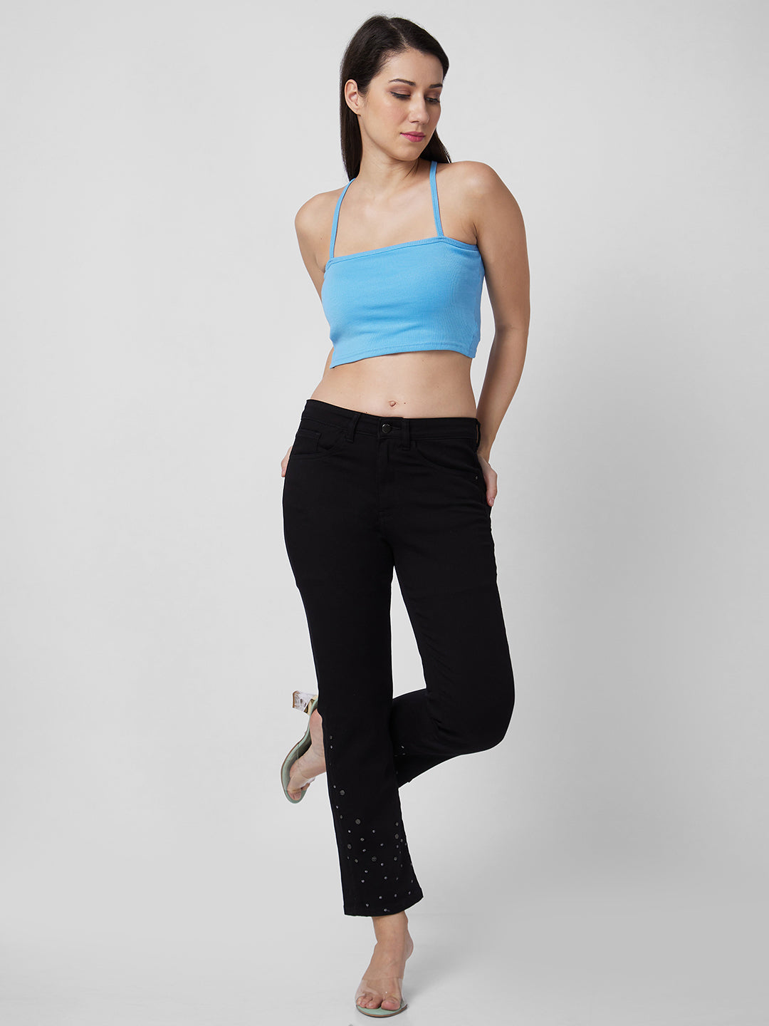 Spykar Mid Rise Slim Straight Fit Black Jeans For Women
