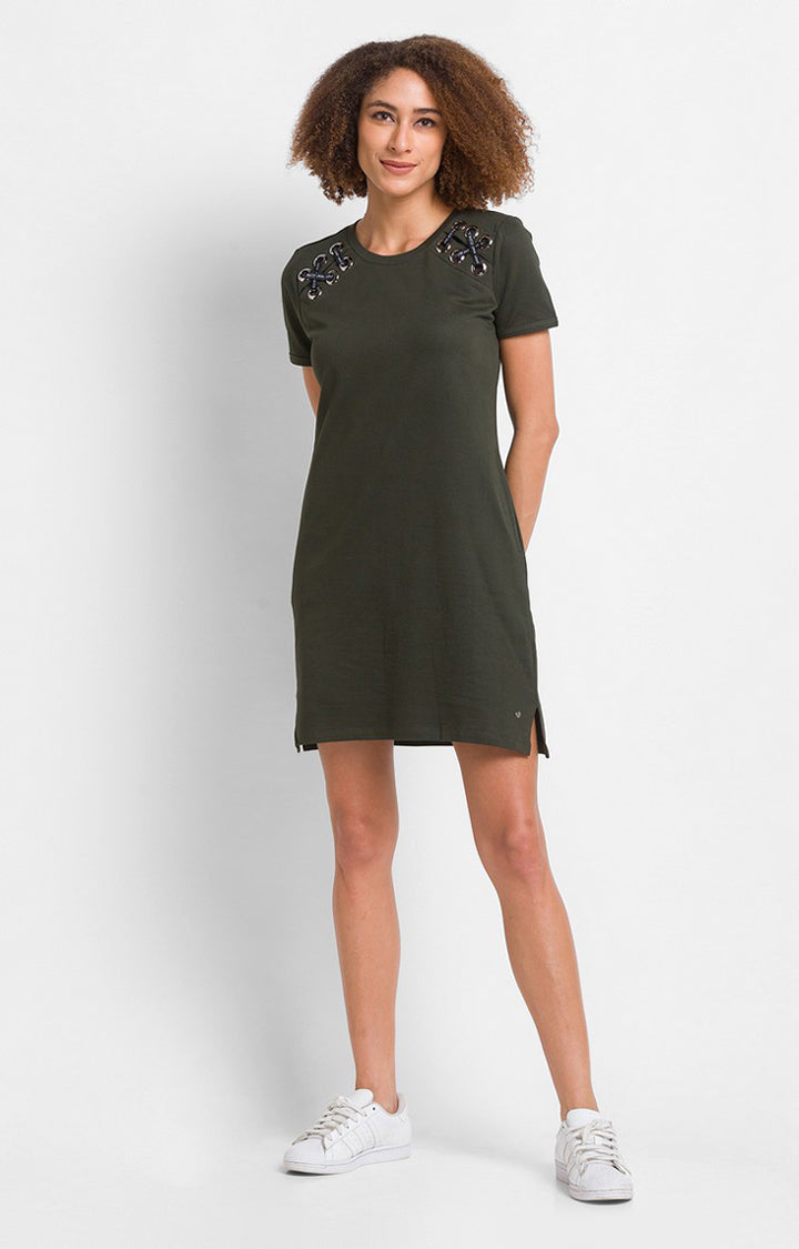 Spykar Olive Green Cotton Blend Slim Fit Printed Dress For Women