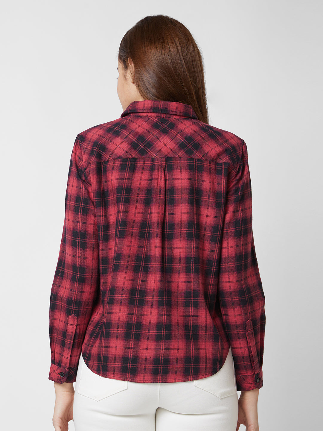 Spykar Full Sleeve Checks Red Shirt For Women