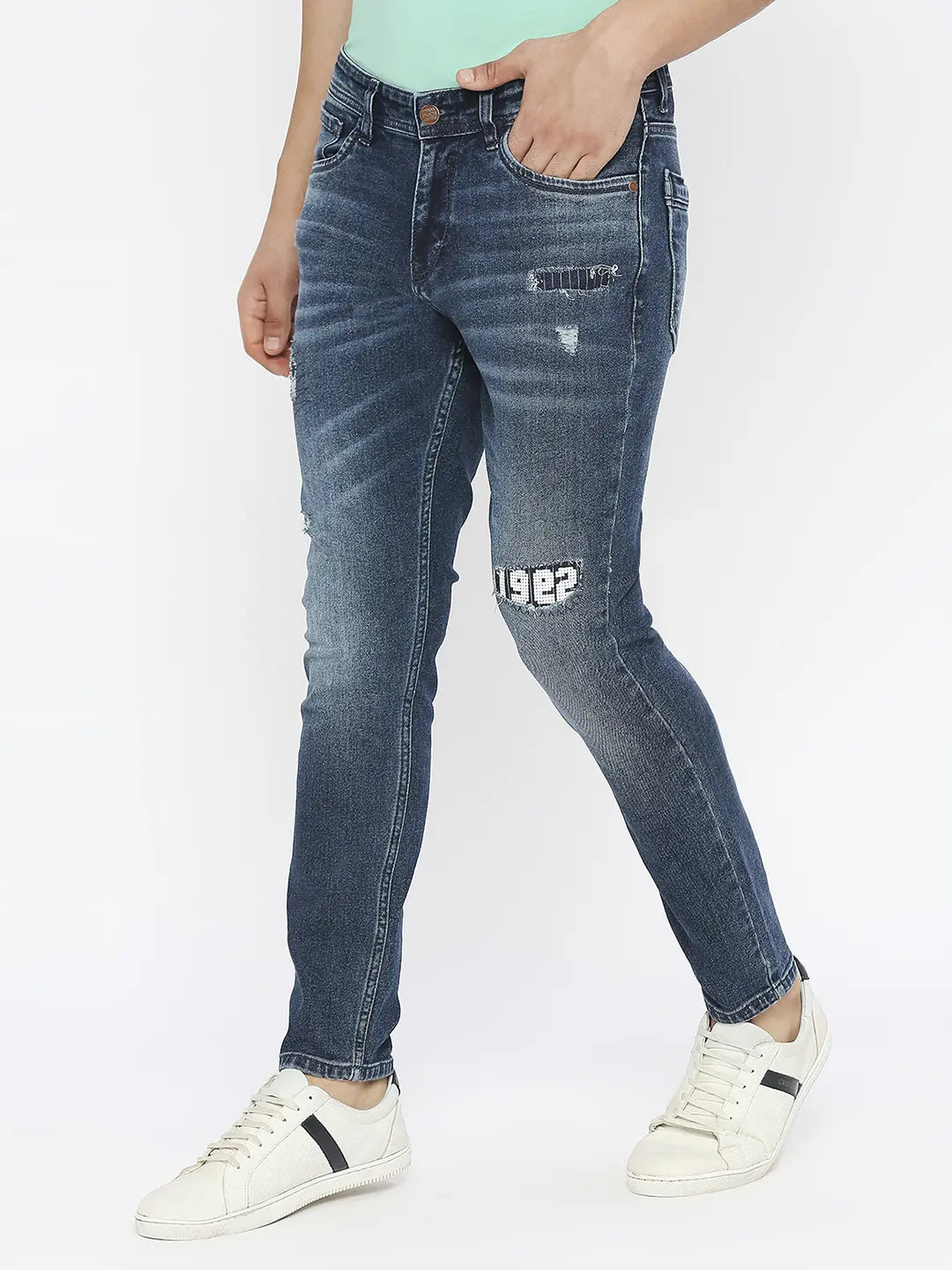 Spykar Men Dark Blue Cotton Slim Fit Tapered Length Mildly Distressed Mid Rise Jeans-(Kano)