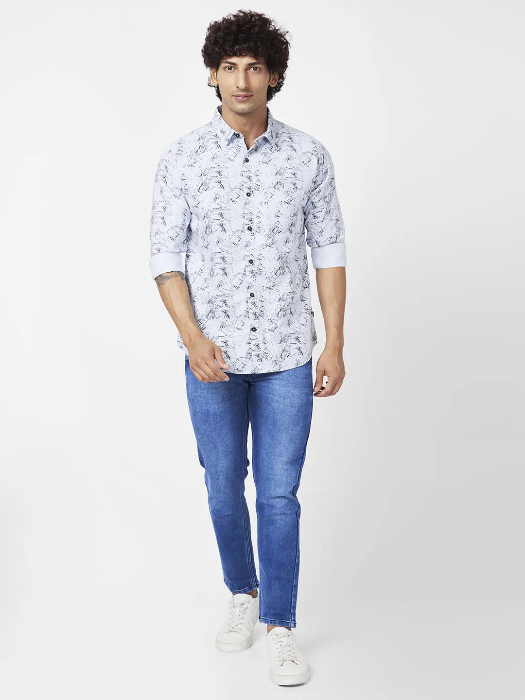 Spykar Men Silver Grey Cotton Regular Slim Fit Full Sleeve Causal Printed Shirt