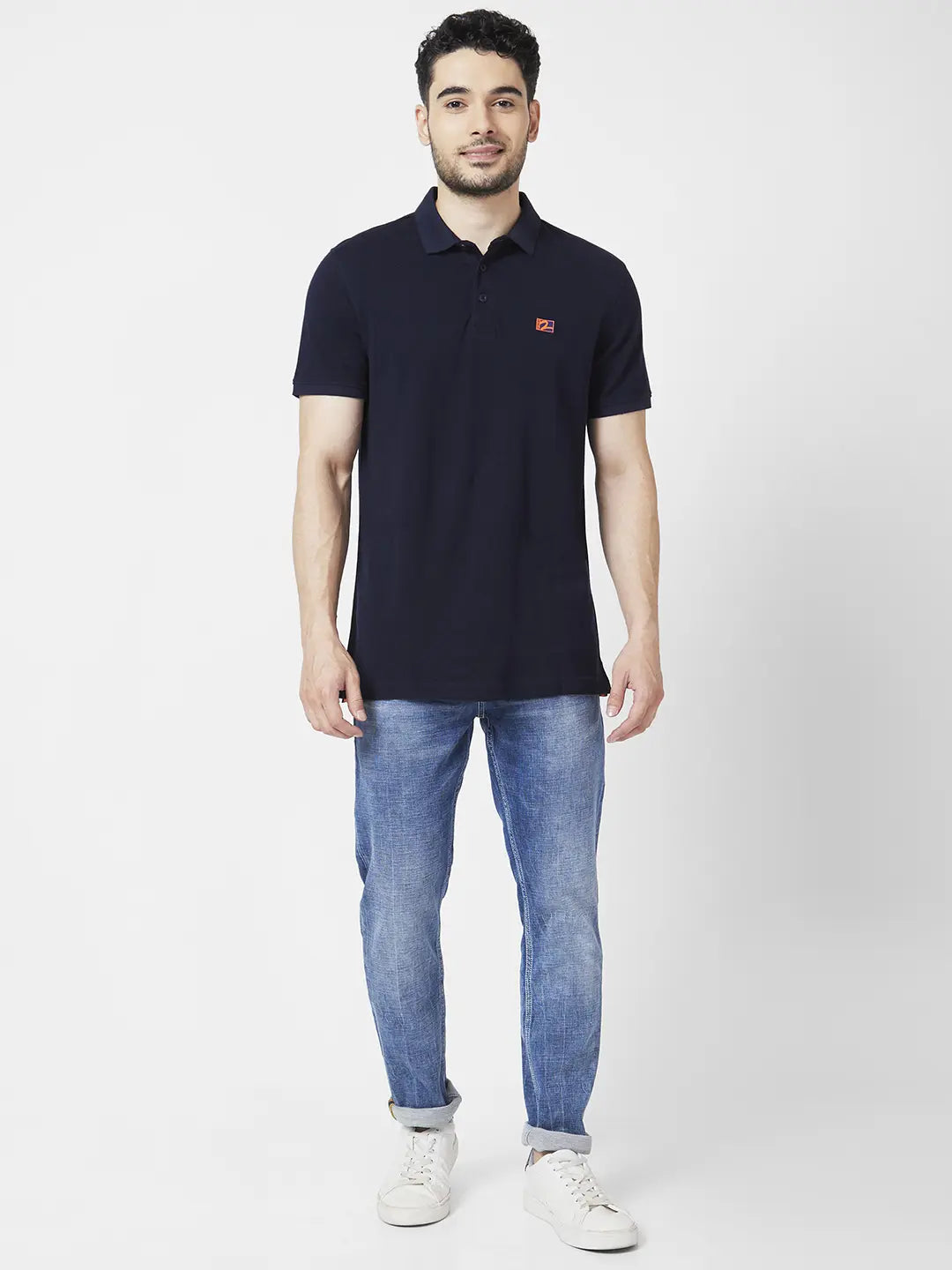 Spykar Men Navy Blue Cotton Slim Fit Half Sleeve Polo Neck Plain Tshirt