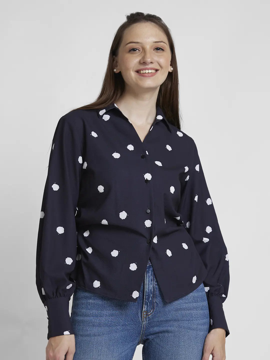 Spykar Women Black Cotton Regular Fit Full Sleeve Printed Shirt