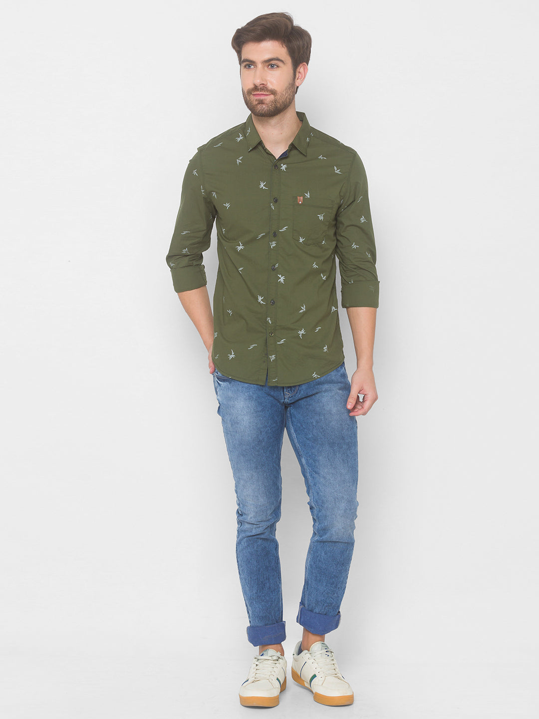 Spykar Men Olive Green Cotton Slim Fit Shirt