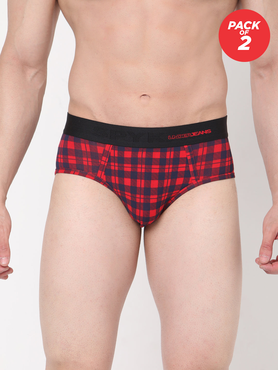 Men Cotton Blend Blue-Check Brief - (Pack Of 2)- Underjeans By Spykar