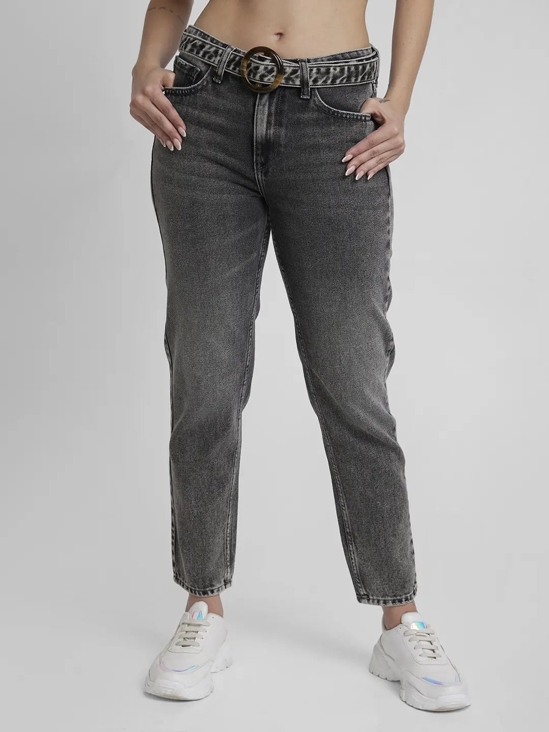 Spykar Women Charcoal Grey Cotton Mom Fit Ankle Length Clean Look Jeans -(Amora)