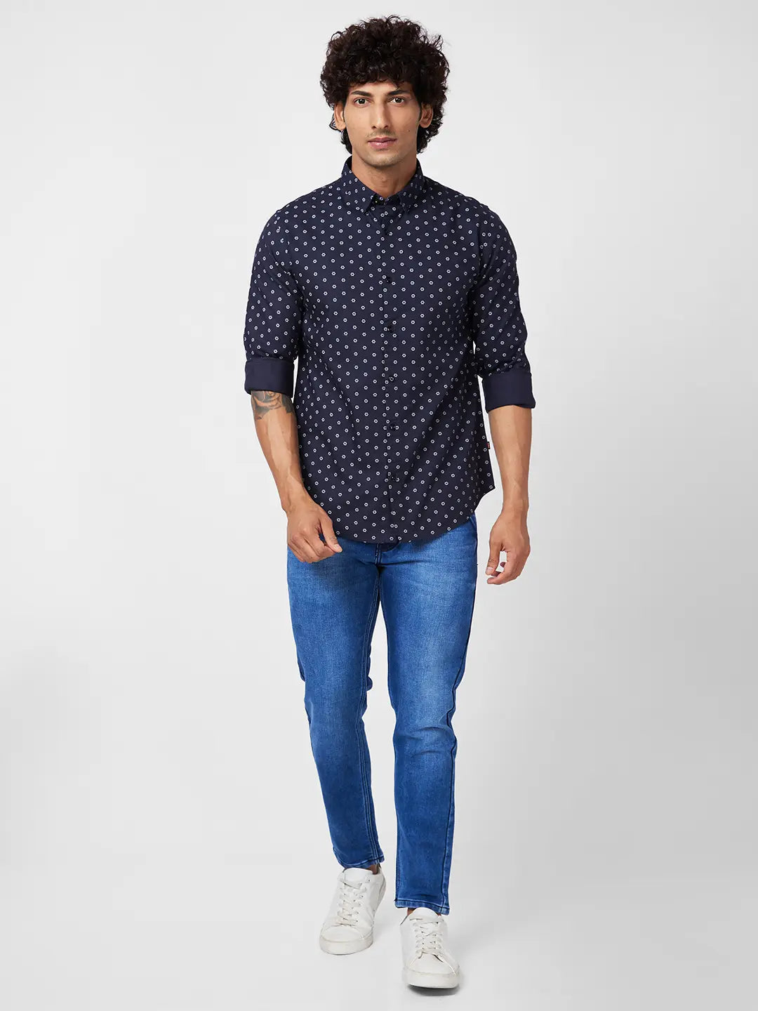 Spykar Men Navy Blue Cotton Regular Slim Fit Full Sleeve Causal Printed Shirt