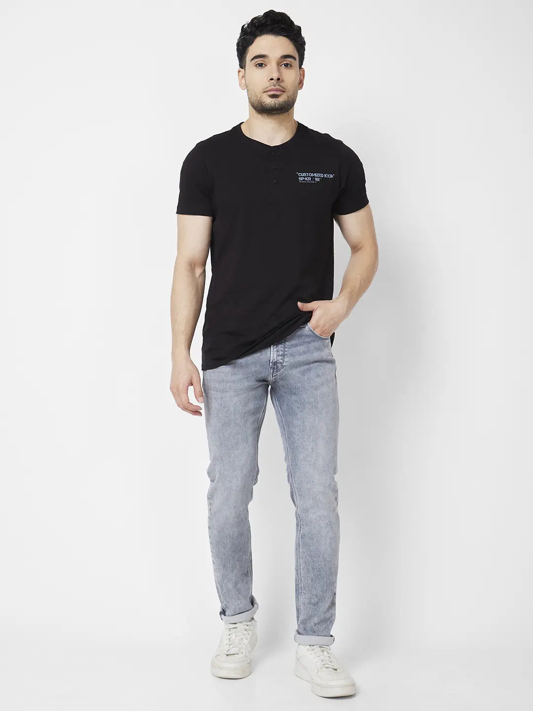 Spykar Men Light Grey Cotton Stretch Slim Fit Narrow Length Clean Look Low Rise Jeans (Skinny)