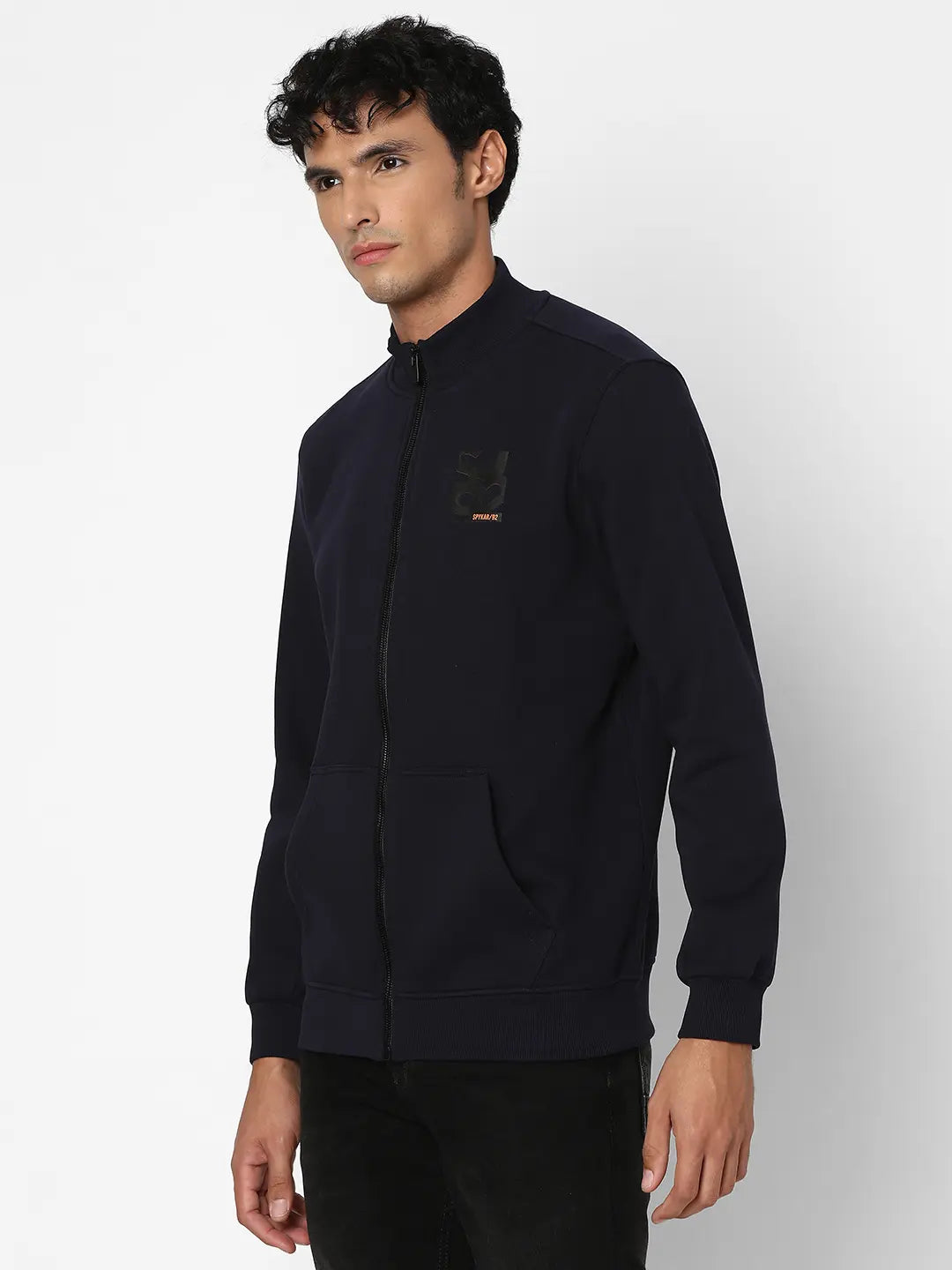 Spykar Men Navy Blue Blended Regular Fit Full Sleeve High Neck Printed Casual Sweatshirt